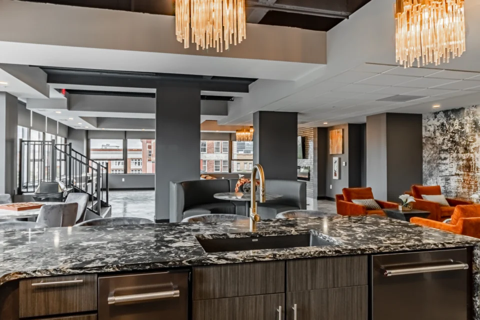 Amenity bar and lounge seating on a seamless FlowStone floor