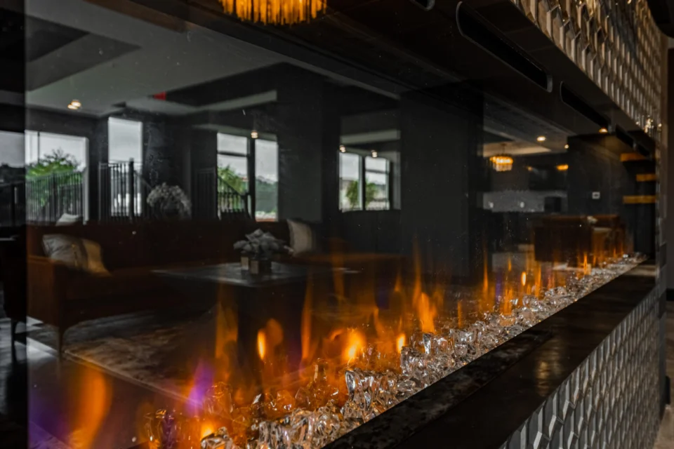 Linear fireplace detail in a resident lounge